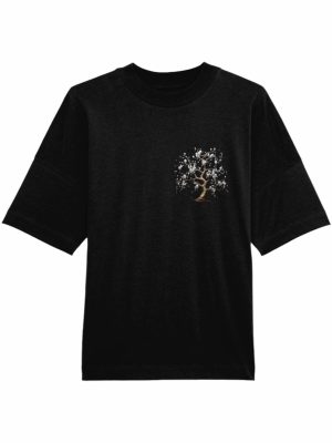 Tricou Oversized Negru din Bumbac Organic / Copac și Perle