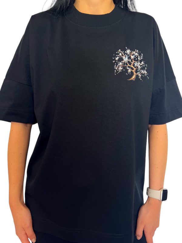 Tricou Oversized Negru din Bumbac Organic / Copac și Perle - imagine 3