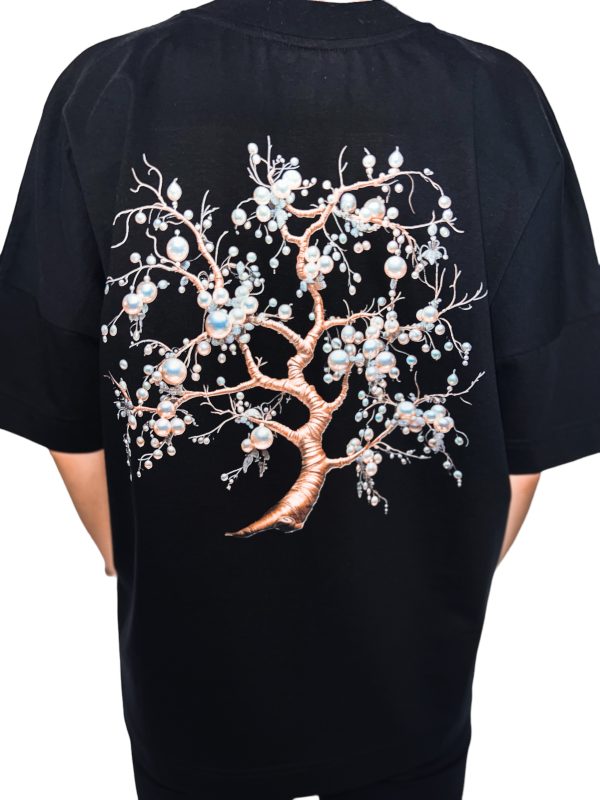 Tricou Oversized Negru din Bumbac Organic / Copac și Perle - imagine 4