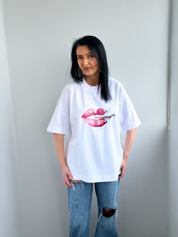 Tricou Oversized Alb din Bumbac Organic, Love to Travel - imagine 2