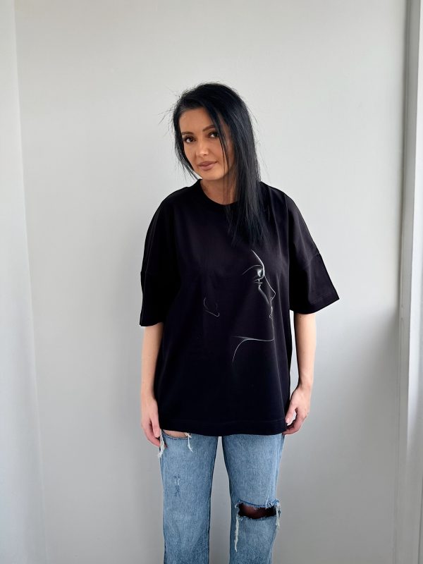 Tricou Oversized Negru din Bumbac Organic, Face - imagine 2